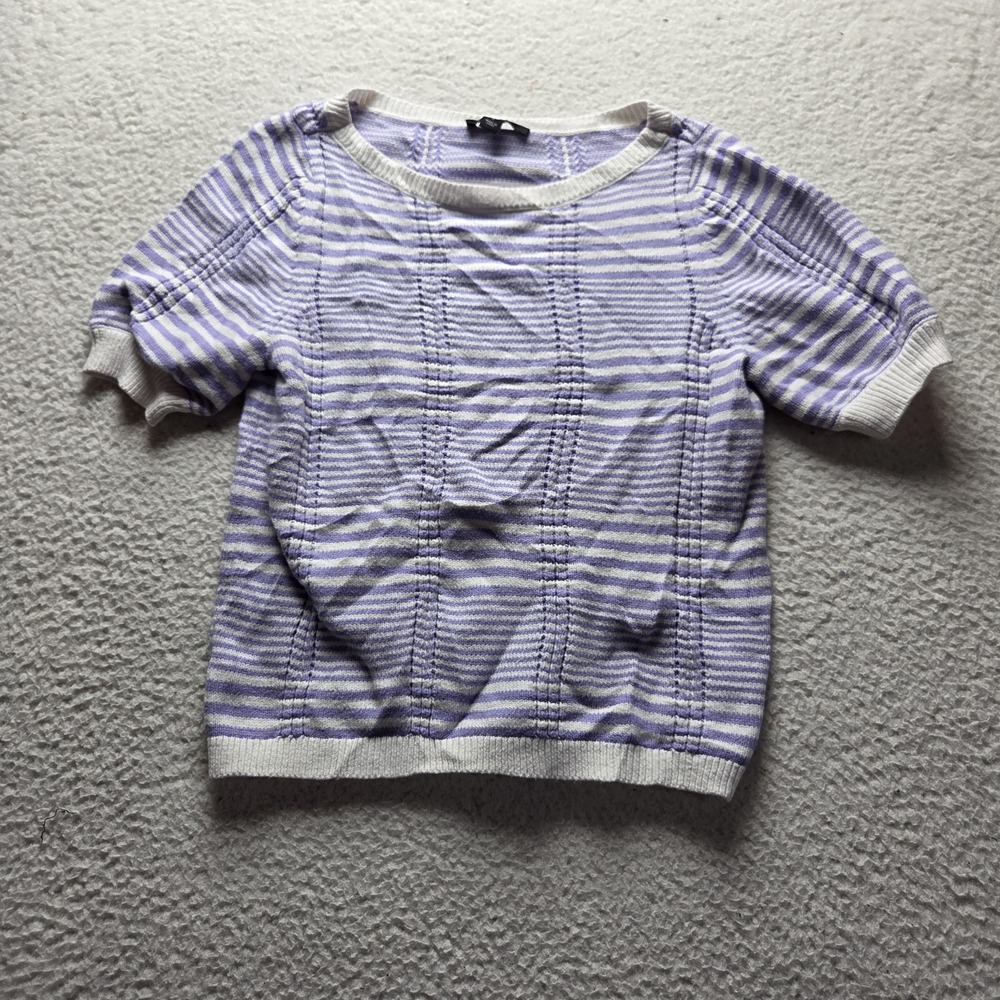 Ann Taylor Sweater Womens Medium Purple Striped Crew Neck Short Sleeve Pullover
